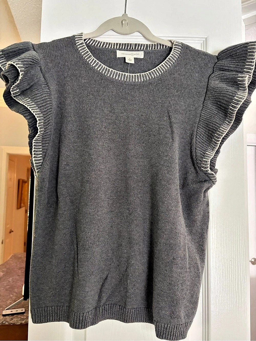 Treasure & Bond Ruffle Sleeve Cotton Sweater Gray Large NWT